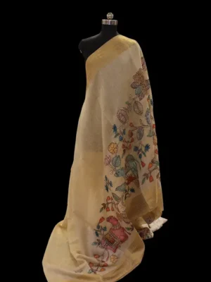Tissue Linen Saree In Cream Beige