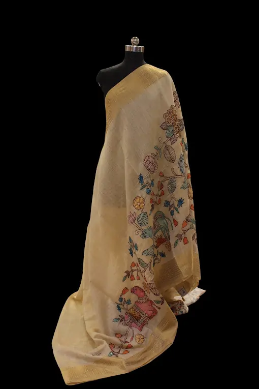 Tissue Linen Saree In Cream Beige