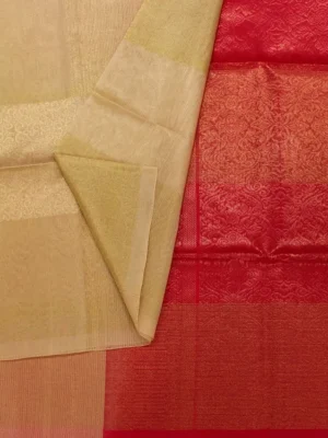 Close-up of Vairaoosi box buttas and rich golden zari pallu on Cream White Pure Silk Cotton Saree