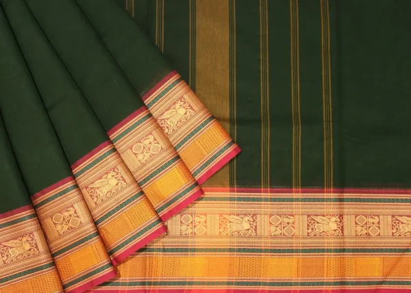 Chettinad Cotton Saree In Dark Green With Annapakshi Motifs