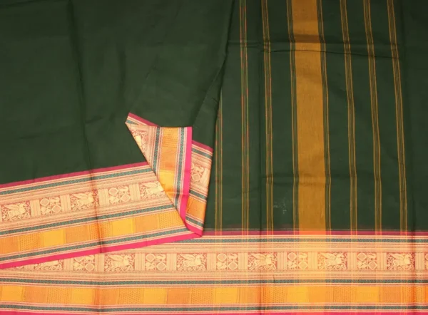 Chettinad Cotton Saree In Dark Green With Annapakshi Motifs
