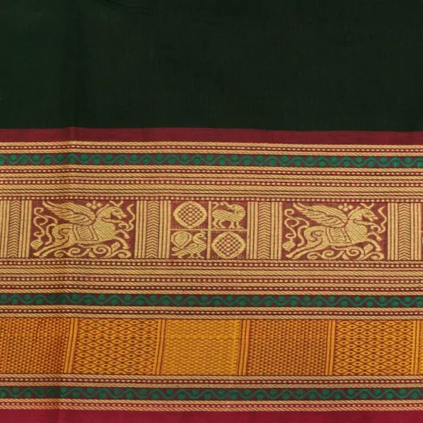 Chettinad Cotton Saree In Dark Green With Annapakshi Motifs