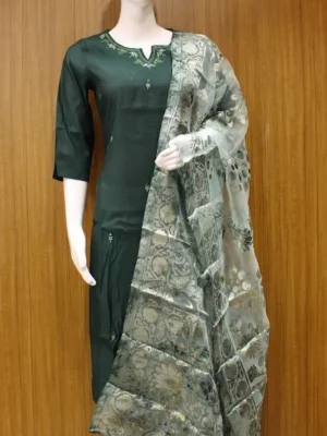 Dark Green Salwar Set In Silk Blend