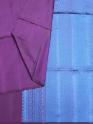Close-up of geometric threadwork, floral creepers and mango motifs on the contrast pallu of Lavender Signature Soft Silk Saree