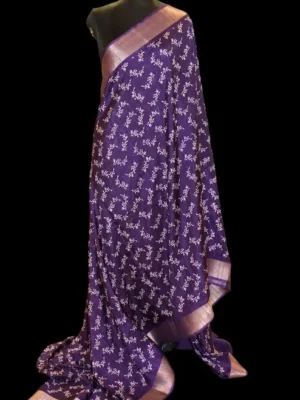 Dark Purple Dola Silk Saree with floral weave and gold zari border