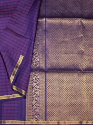 Close-up of checked weave, golden tissue border, and intricate gold zari pallu on Dark Purple Pure Handloom Soft Silk Saree