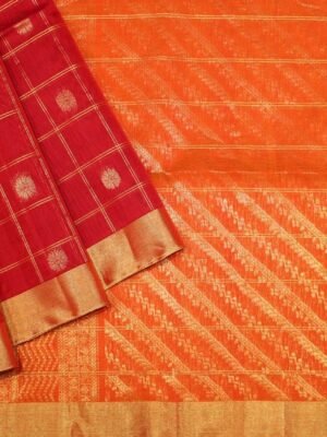 Silk Cotton Dark Red Saree In Checks Patterns