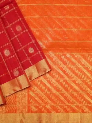 Silk Cotton Dark Red Saree In Checks Patterns