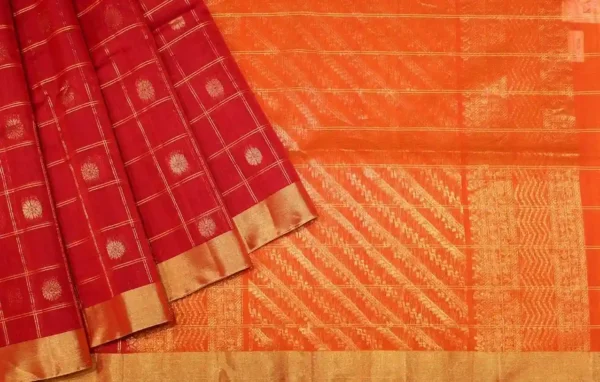 Silk Cotton Dark Red Saree In Checks Patterns