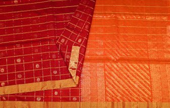 Silk Cotton Dark Red Saree In Checks Patterns