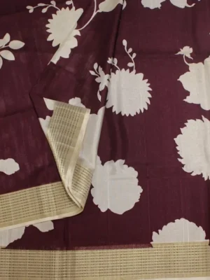Close-up of bold floral digital prints and golden zari border on Deep Burgundy Semi Tussar Saree