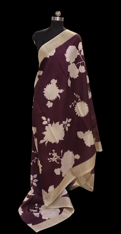 Semi Tussar Saree In Deep Burgundy