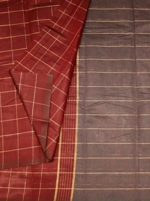 Close-up of golden zari checked pattern on Deep Maroon Handloom Kovai Cotton Saree