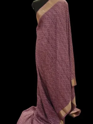 Bandhani print and gold zari border on Deep Purple Dola Silk Saree