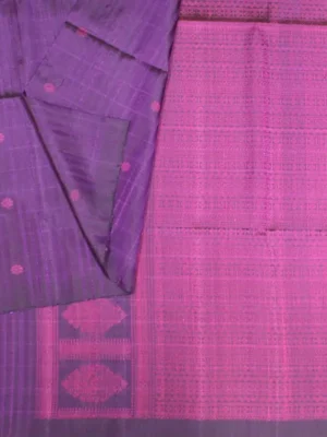Close-up of magenta floral buttis and geometric thread-work on Dual Tone Pure Handloom Raw Silk Saree