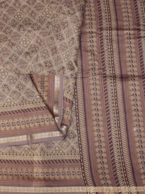 Close-up of Ajrakh-inspired floral motifs and gold zari border on Dusty Lavender Pure Chanderi Cotton Saree