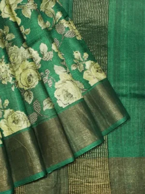 Pure Tussar Silk Saree In Emerald Green