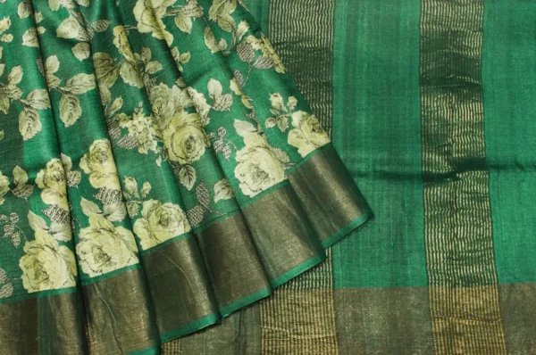 Pure Tussar Silk Saree In Emerald Green
