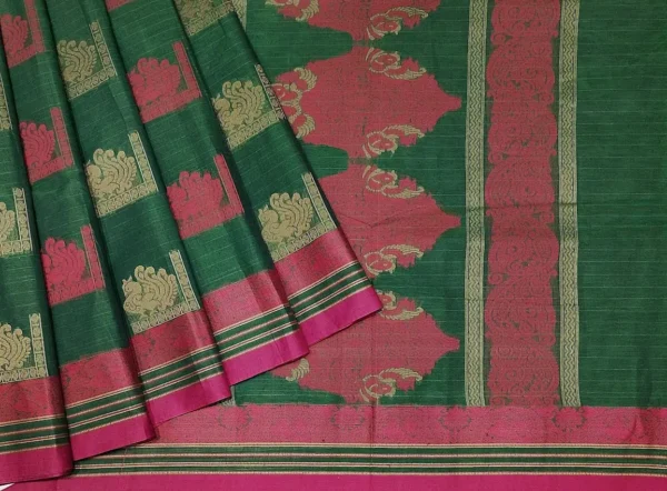 Pure Handloom Kovai Cotton Saree In Forest Green