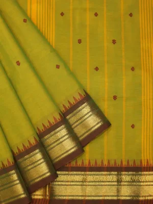 Greenish Yellow Kanchi Chettinad Cotton Saree With Red Buttas