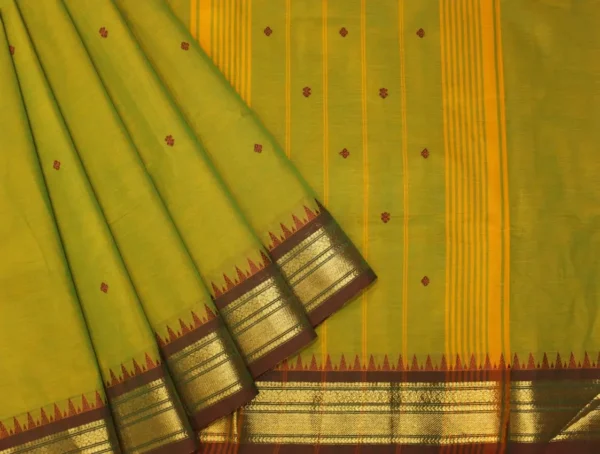 Greenish Yellow Kanchi Chettinad Cotton Saree With Red Buttas