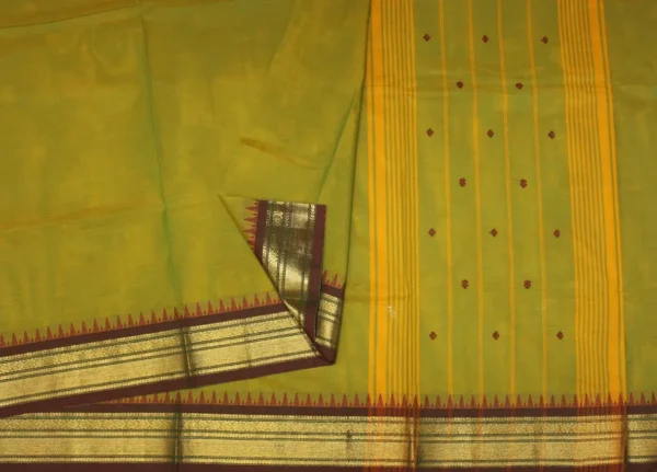 Greenish Yellow Kanchi Chettinad Cotton Saree With Red Buttas