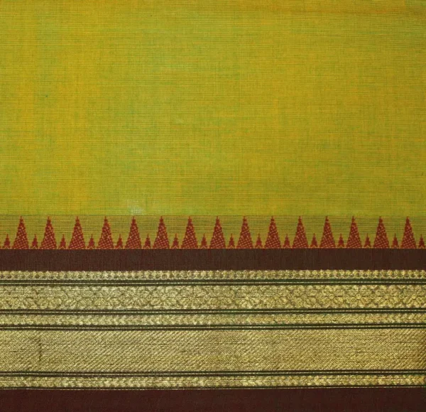Greenish Yellow Kanchi Chettinad Cotton Saree With Red Buttas