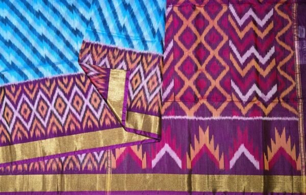 Handloom Blue Pochampally Silk Cotton Saree with Lehariya Ikat Designs