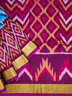 Handloom Blue Pochampally Silk Cotton Saree with Lehariya Ikat Designs