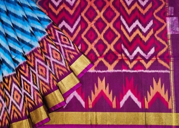 Handloom Blue Pochampally Silk Cotton Saree with Lehariya Ikat Designs