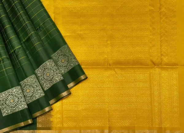 Bottle Green Handloom Soft Silk Saree with Checks