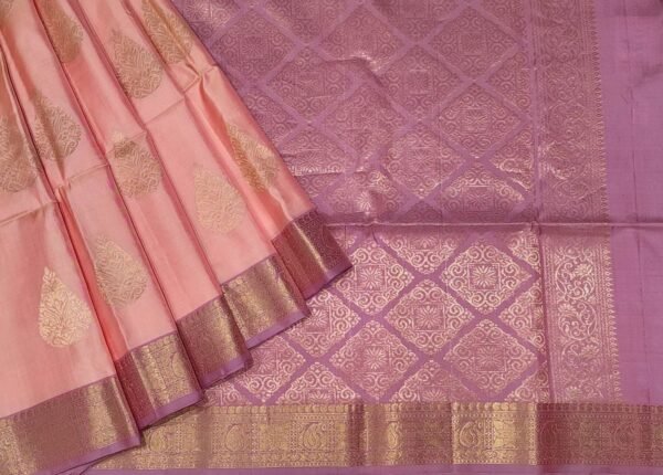 Handloom Peach Soft Silk Saree with Zari Buttas & Pink Border