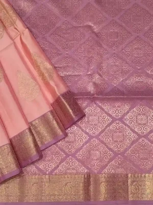 Handloom Peach Soft Silk Saree with Zari Buttas & Pink Border