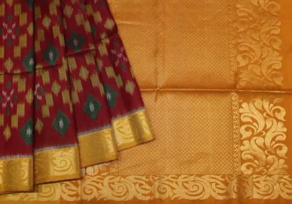 Soft Silk Saree In Redwood With Ikkat Designs