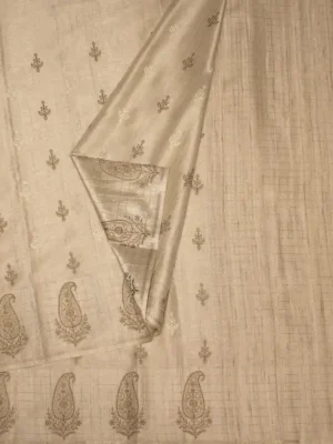 Close-up of embroidered buttas, paisley self border and golden zari checked pallu on Ivory Cream Semi Tussar Saree