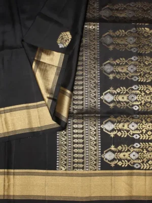 Close-up of gold and silver zari floral motifs and rich golden zari pallu on Jet Black Signature Soft Silk Saree