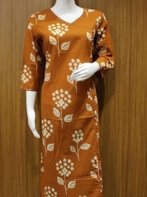 Rust Orange Kurti In Side Wrap With Floral Prints