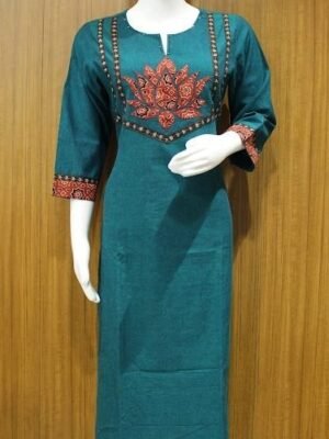 Teal Blue Kurti In Patch Work Embroidery With Thread Work