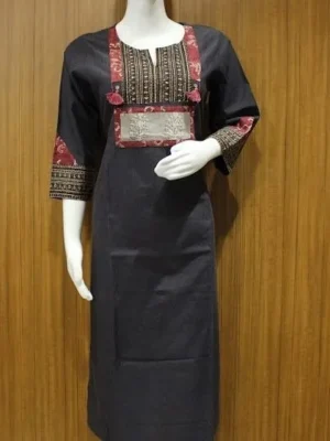 Dark Gray Kurti In Motifs Embroidery With V-Notched Neckline