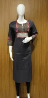 Dark Gray Kurti In Motifs Embroidery With V-Notched Neckline