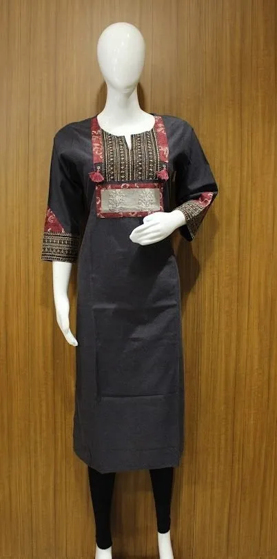 Dark Gray Kurti In Motifs Embroidery With V-Notched Neckline
