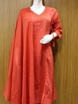 Peach Pink Shade Salwar In V-neckline With Thread Embroid
