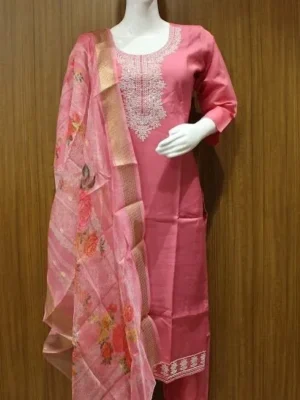 Dusky Rose Salwar Set In Thread Work With Printed Dupatta