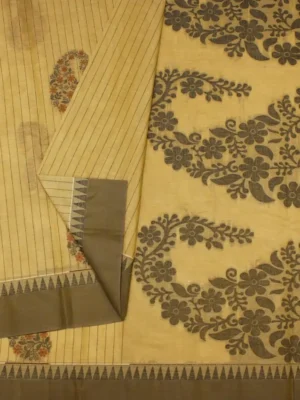 Close-up of mango thread work motifs and temple border on Light Beige Kovai Cotton Saree