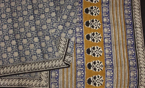 Light Blue Mulmul Cotton Saree With Bagru