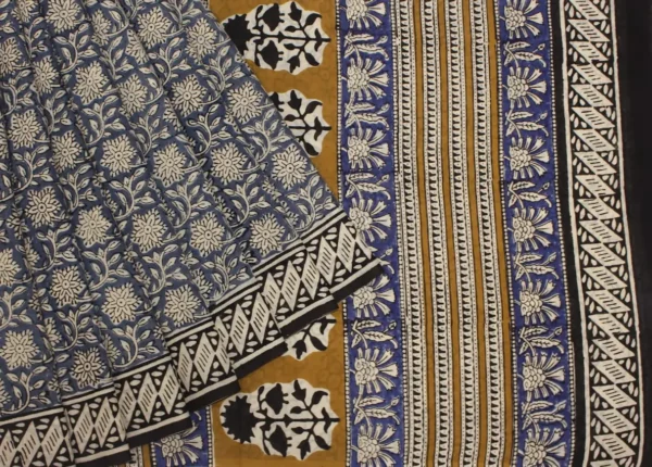 Light Blue Mulmul Cotton Saree With Bagru