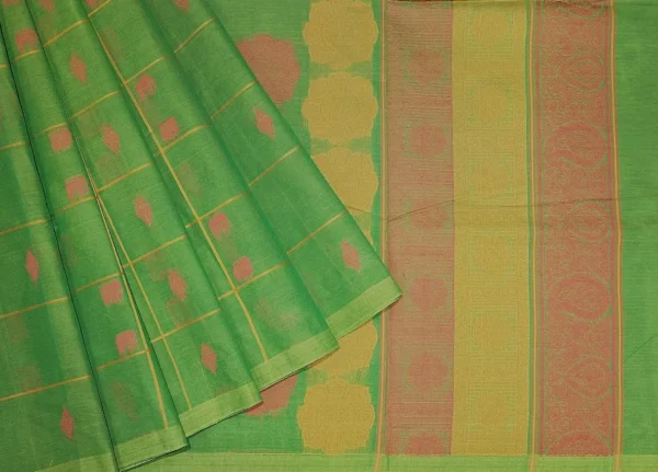 Pure Kovai Cotton Saree In Fern Green With Checks Pattern