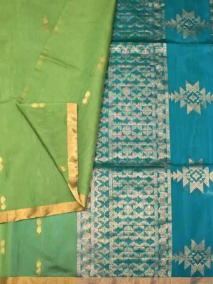 Close-up of round zari buttas and golden tissue border on Lime Green Pure Silk Cotton Saree