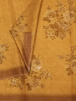 Close-up of floral bouquet digital prints and copper brown tissue border on Mustard Gold Tissue Linen Saree