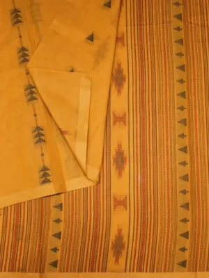Close-up of geometric Ikkat thread-work and temple motifs on Mustard Handloom Kovai Cotton Saree